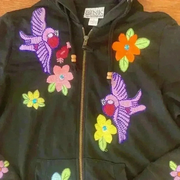 Embroidered Birds Floral Artisanal  Zip Up Hoodie size Medium - Picture 4 of 14